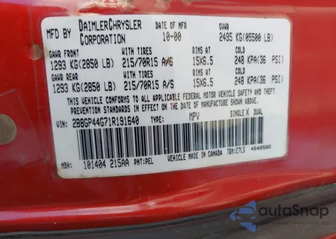 2001 Dodge Grand Caravan Sport z USA, uszkodzony, nr VIN 2B8GP44G71R191640